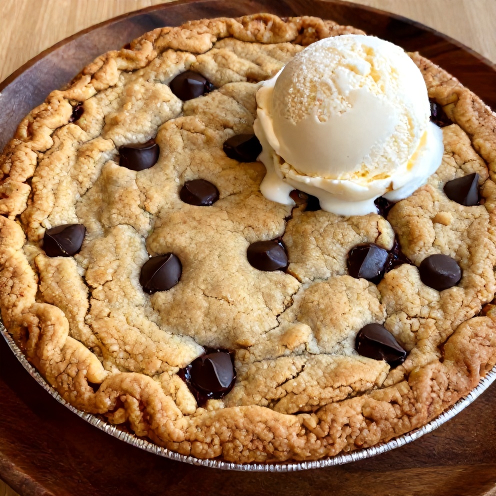 Sliced chocolate chip cookie pie on a plate