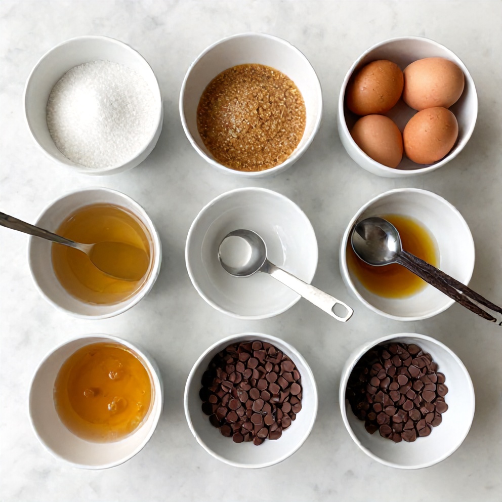 Chocolate chip cookie pie ingredients on a marble counter