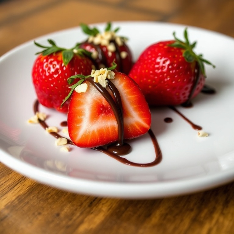 Strawberries on a white plate with chocolate drizzle. Garnished with crushed almonds. Close-up of the dish. Warm lighting showing texture. No text. No watermark.