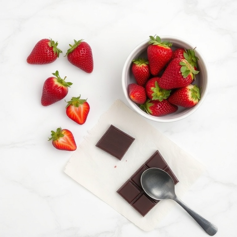 Strawberries, dark chocolate, parchment paper, a bowl, a spoon. White marble surface. Bright even light. Flat lay of ingredients. No text. No watermark.