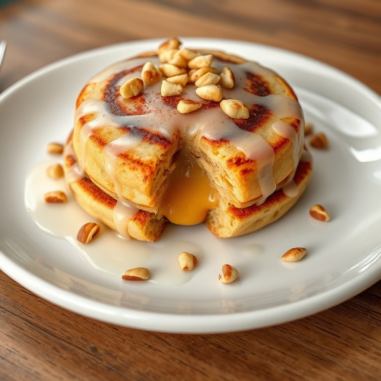 Cinnamon roll pancakes on white plate with glaze. Garnished with chopped nuts. Warm side lighting highlights texture.