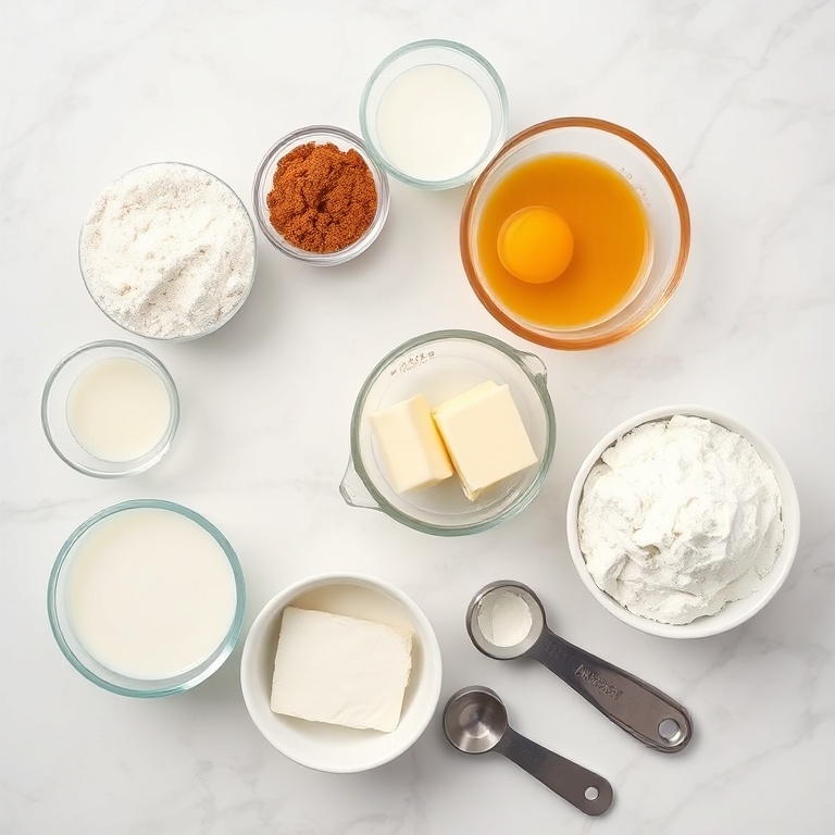 Flour, sugar, cinnamon, eggs, milk, butter, cream cheese, powdered sugar. Measuring cups and bowls on white marble surface.