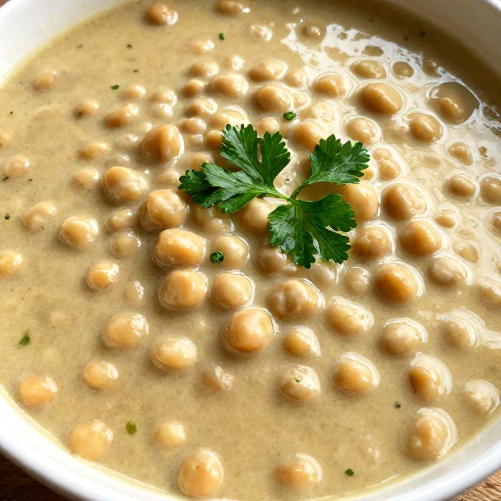 Bowl of creamy split pea soup garnished with fresh parsley