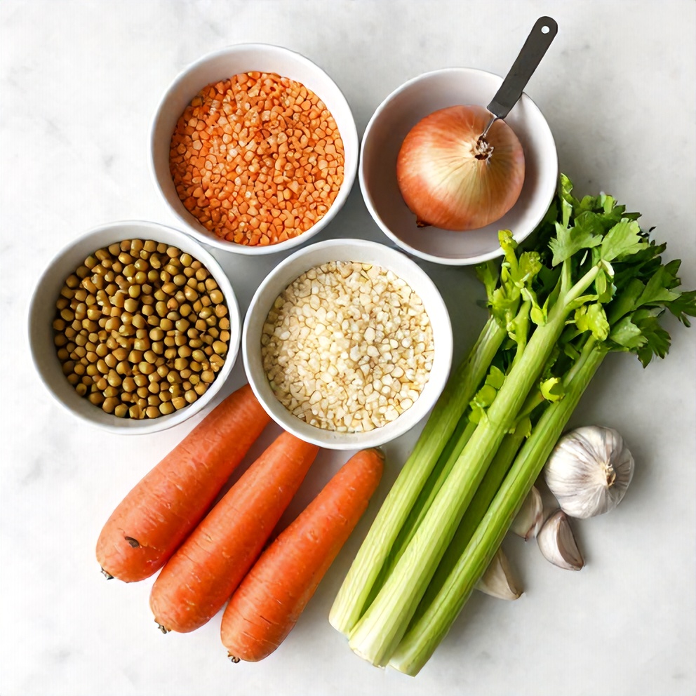 Split peas, onions, carrots, celery, and garlic arranged on a marble surface