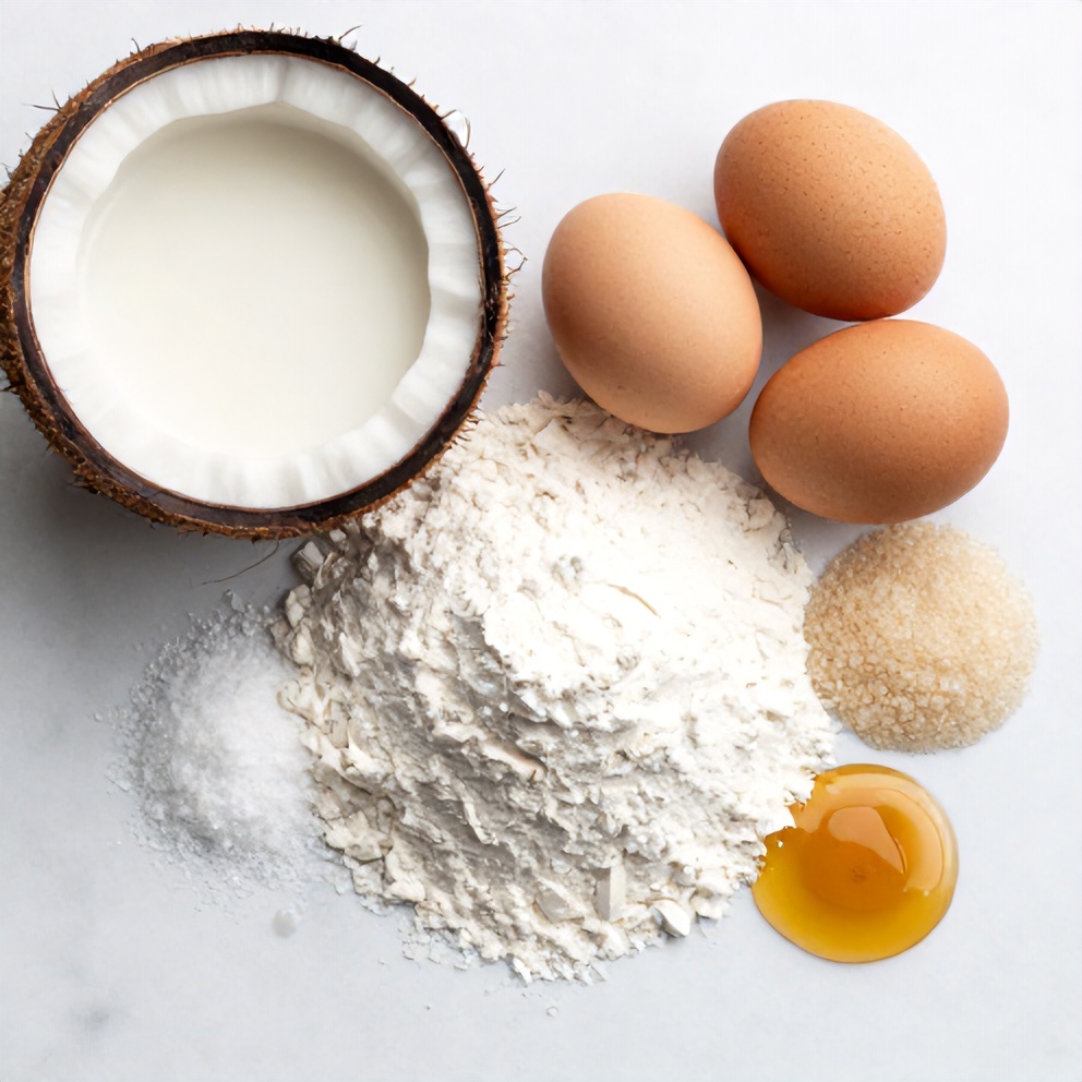 Raw ingredients for Easy Coconut Milk Snack Cake on a white marble surface
