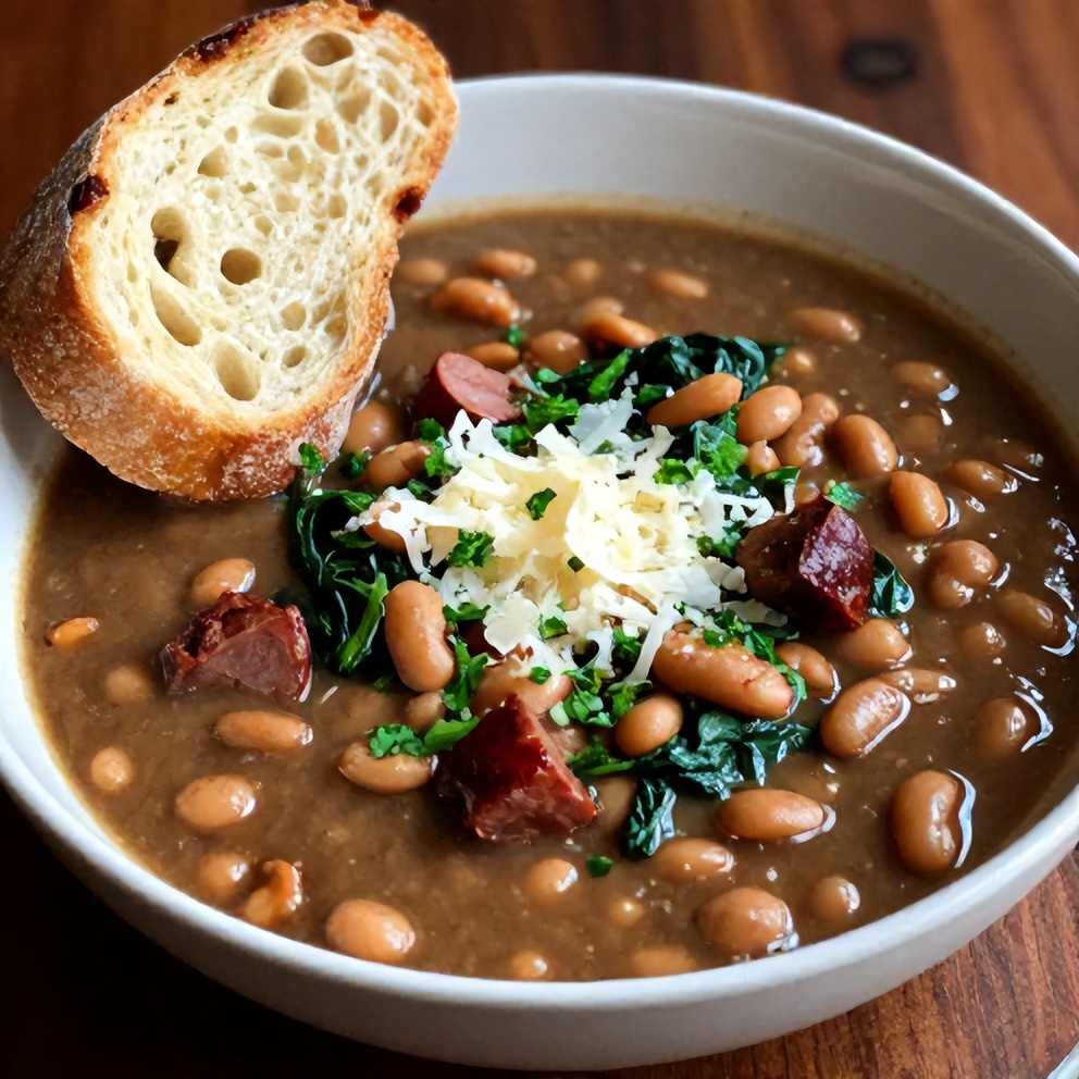 Plated Tuscan White Bean Soup with Sausage and Spinach