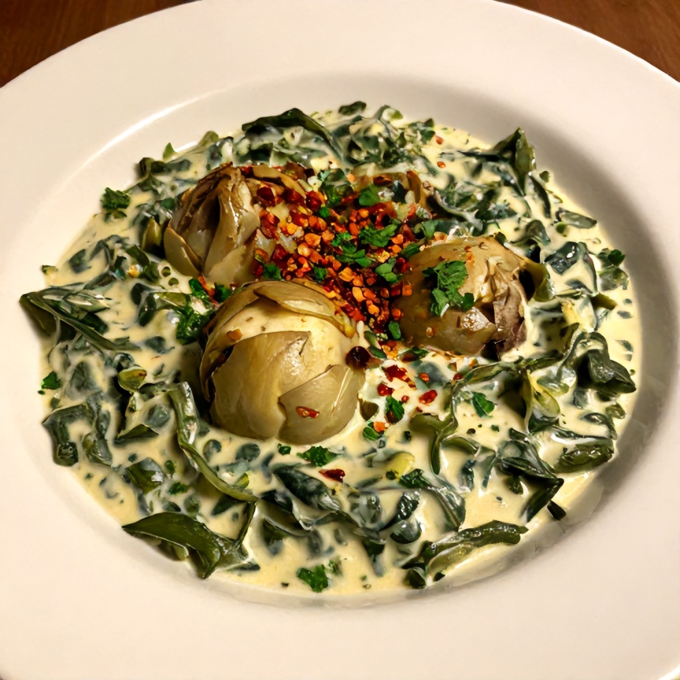 Plated Creamed Spinach and Artichokes
