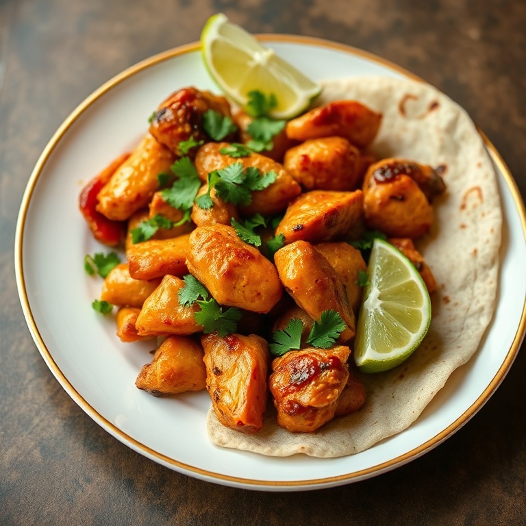 Perfect plated serving of chicken fajitas with lime, cilantro, and tortilla. Warm side lighting showing texture. White plate with golden edges. Photorealistic food photography.