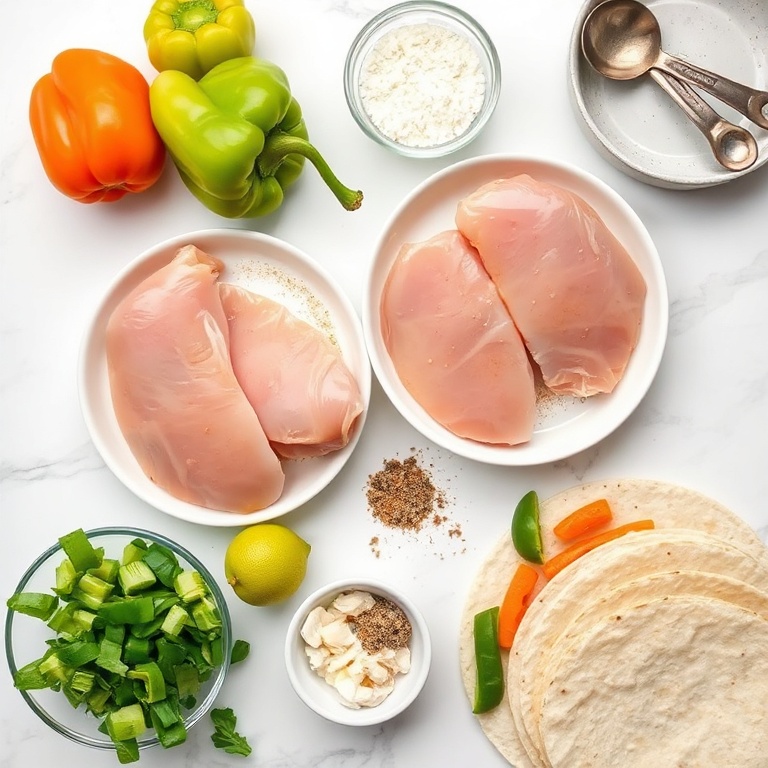 Overhead flat lay of chicken breasts, bell peppers, onions, fajita seasoning, tortillas, and lime. Measuring spoons and bowls visible. White marble surface. Bright even light.