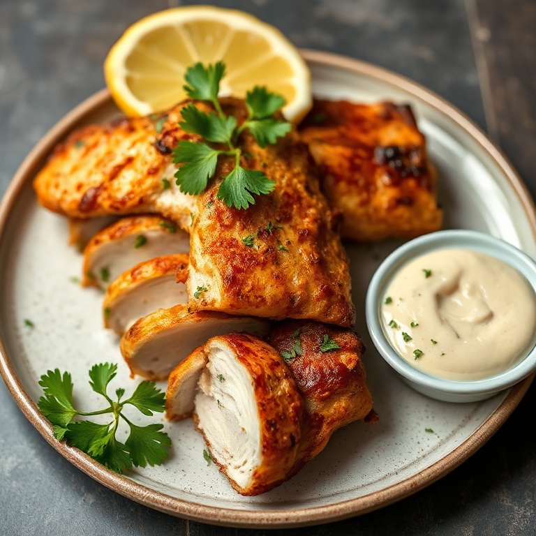 Perfectly plated chicken shawarma with crispy edges. Garnished with parsley and a lemon wedge. Served on a ceramic plate with a side of tahini.