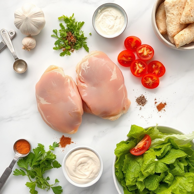 Raw chicken thighs, garlic, yogurt, spices, pita bread, lettuce, tomatoes, and tahini. Measuring spoons and bowls visible. White marble surface with even light.