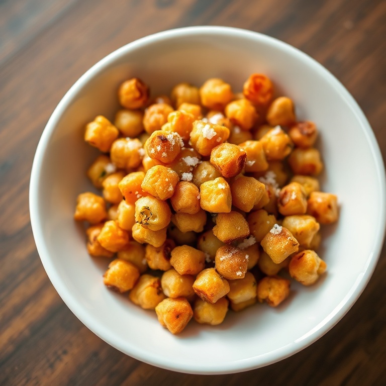 Crispy chickpea chips in a white bowl with a sprinkle of sea salt. Warm lighting brings out the texture.