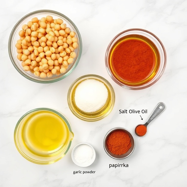 All raw ingredients for chickpea chips laid out: canned chickpeas, olive oil, salt, paprika, garlic powder, and cumin.