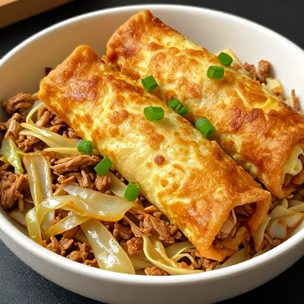 Plated Egg Roll in a Bowl with Green Onions