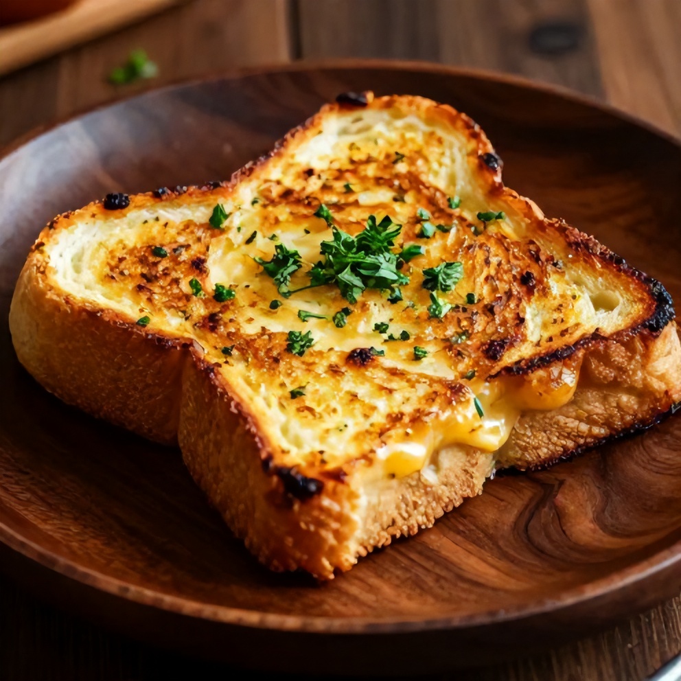Plated garlic bread grilled cheese sandwich