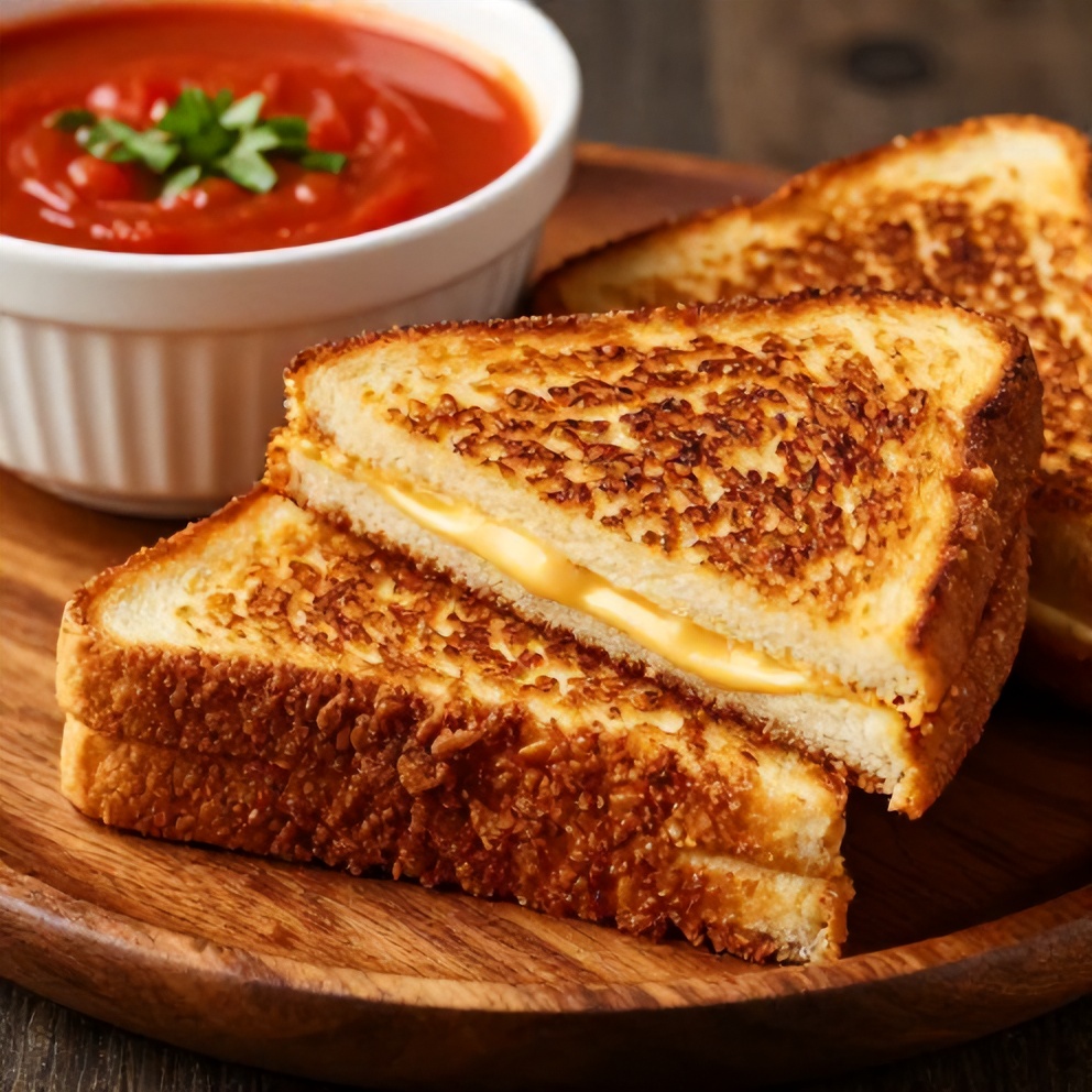 Grilled cheese sandwich on a rustic plate with tomato soup