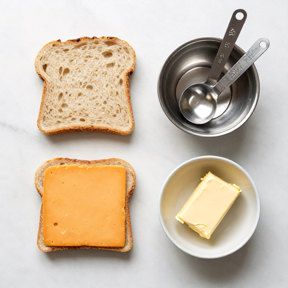 Bread, cheese, and butter arranged on a marble countertop