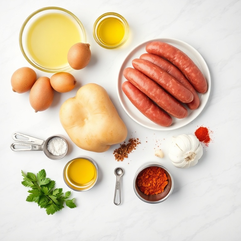 Raw sausages, potatoes, olive oil, garlic, paprika, salt, and pepper arranged in an overhead flat lay. Measuring spoons and cups visible. White marble surface. Bright even natural light.