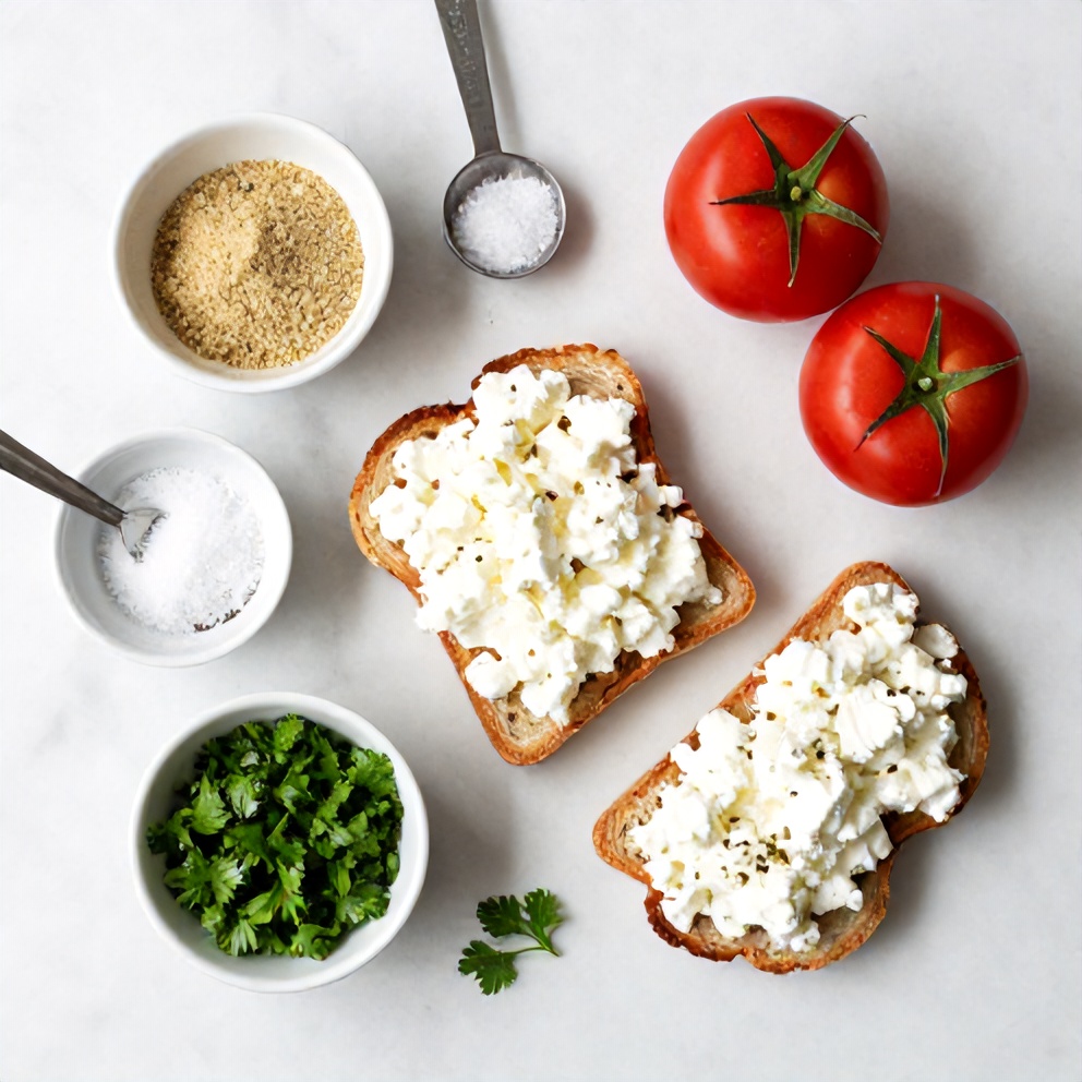 Raw ingredients for Tomato Cottage Cheese Toast on a marble surface