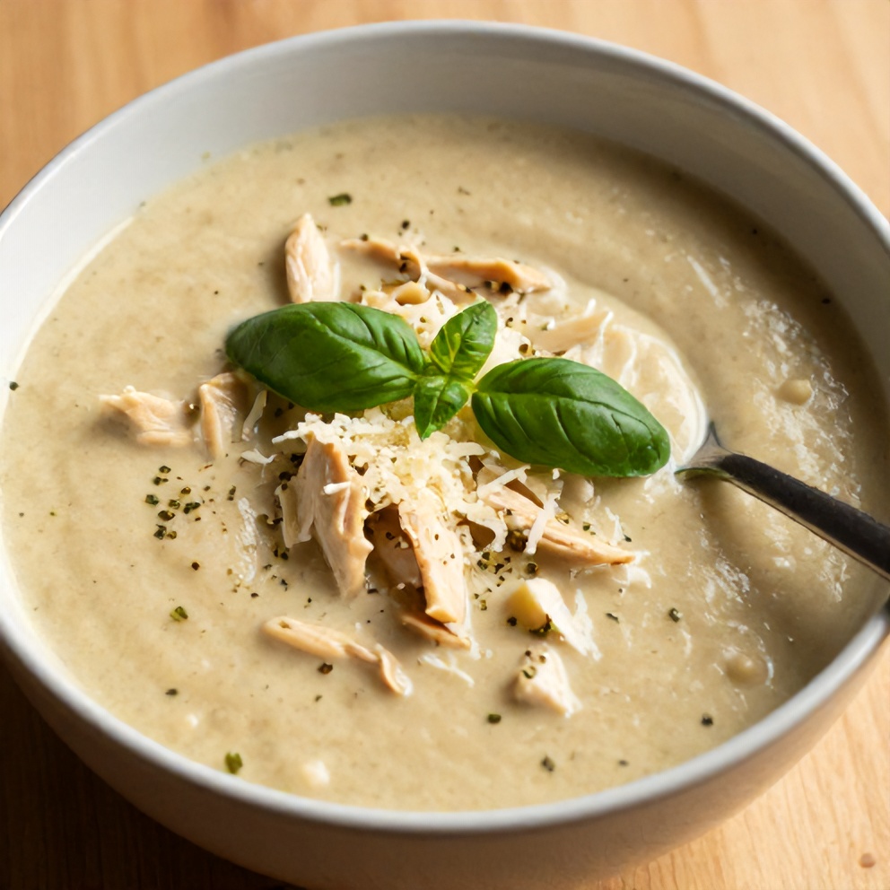 Bowl of Creamy Chicken Parmesan Soup with Parmesan Cheese