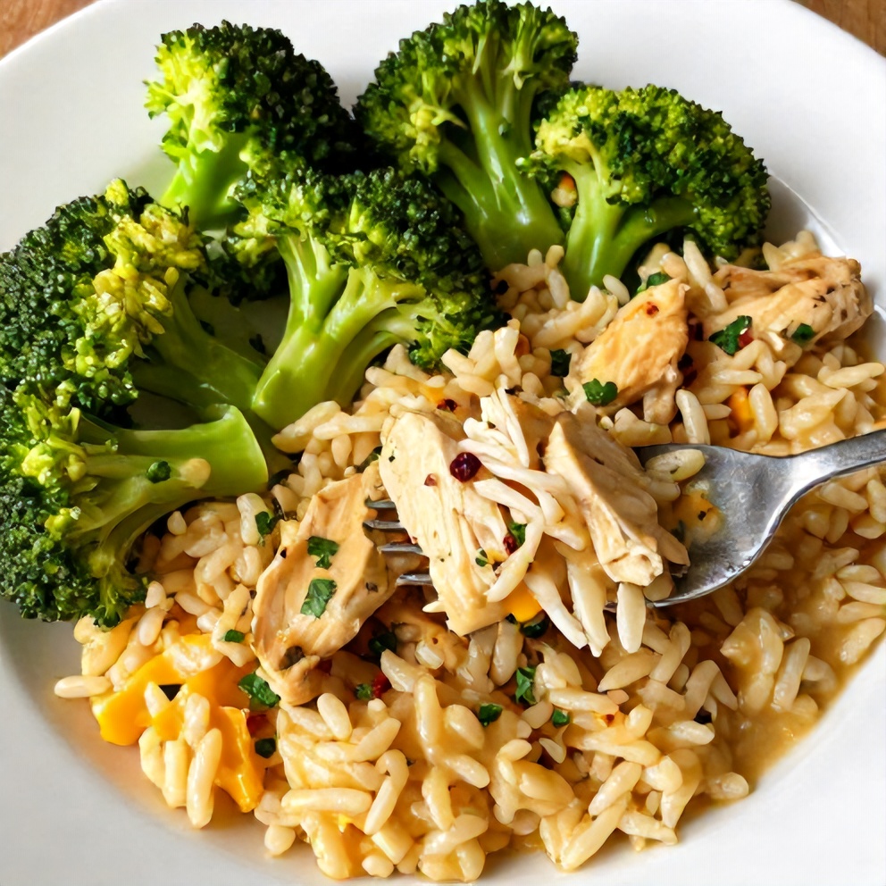 Plated Crockpot Broccoli Cheddar Chicken and Rice Dinner