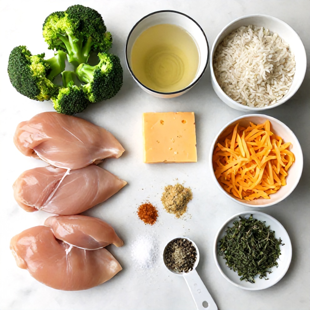 Raw Ingredients for Crockpot Broccoli Cheddar Chicken