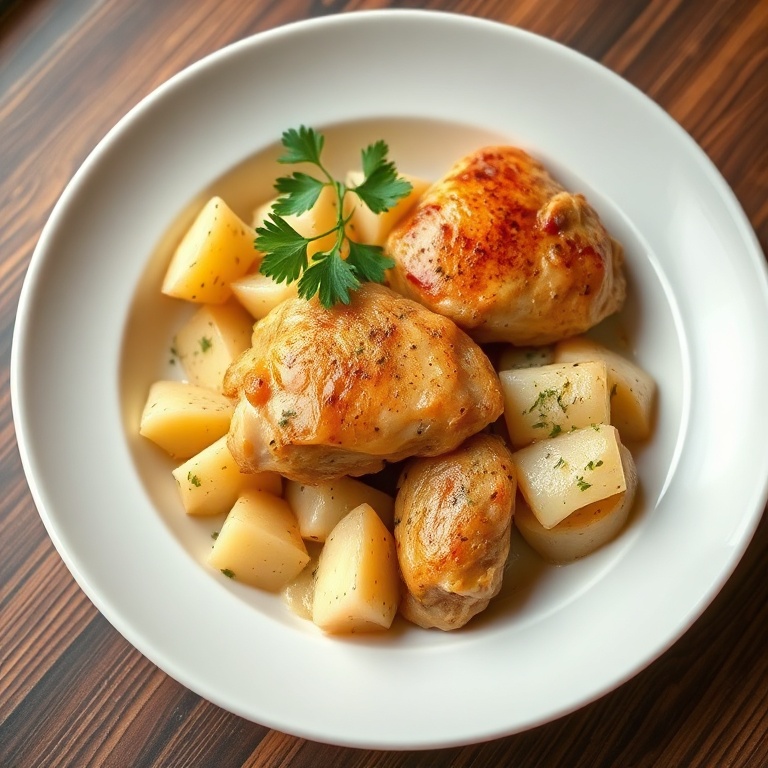 Perfectly plated chicken and potatoes with fresh parsley. White bowl with warm side lighting. Photorealistic food photography.