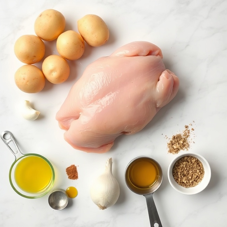Raw chicken, potatoes, garlic, onion, olive oil, and seasonings on a white marble surface. Measuring spoons and bowls visible. Bright even light.