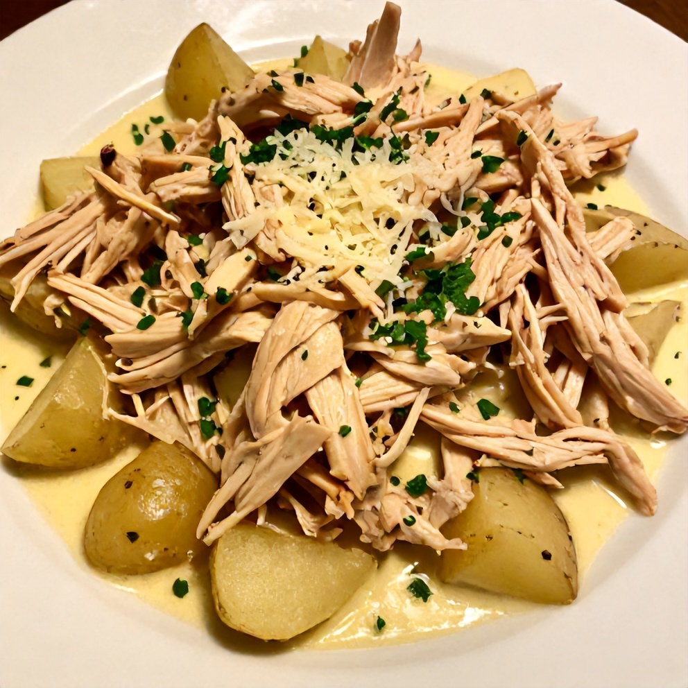Plated serving of Crockpot Garlic Parmesan Chicken and Potatoes