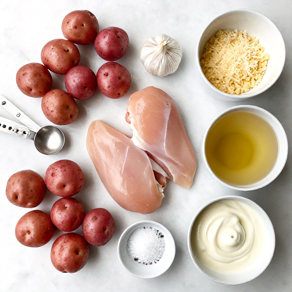 Raw ingredients for Crockpot Garlic Parmesan Chicken and Potatoes