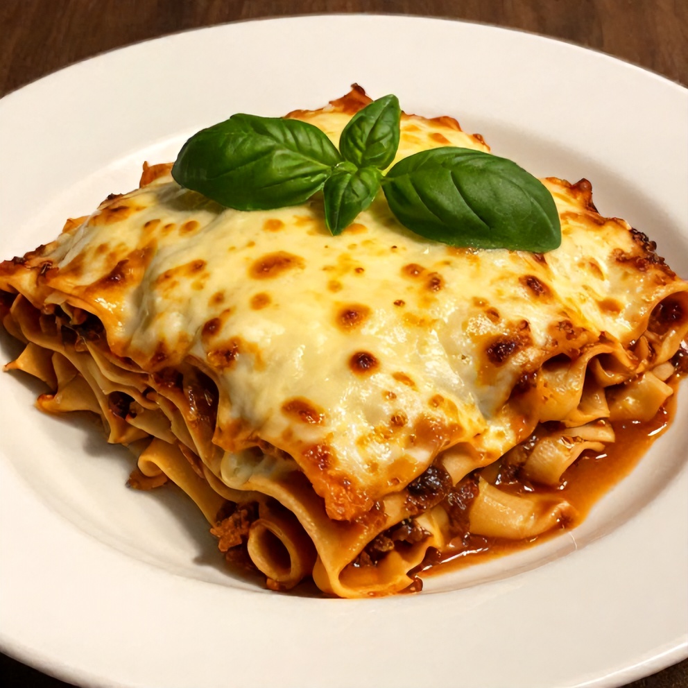 Plated serving of Easy Crockpot Lasagna with fresh basil