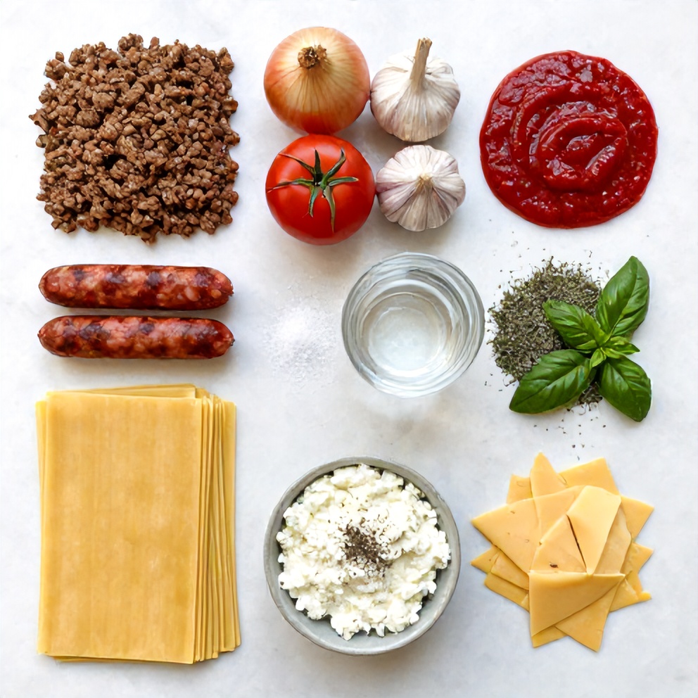Raw ingredients for Easy Crockpot Lasagna arranged in a flat lay