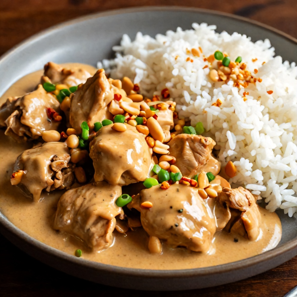 Plated Crockpot Thai Peanut Chicken with steamed rice