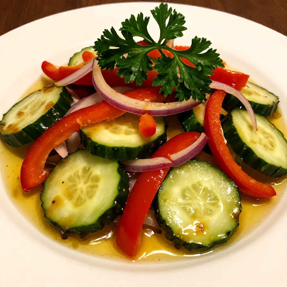 Cucumber Sweet Pepper Salad plated with fresh parsley