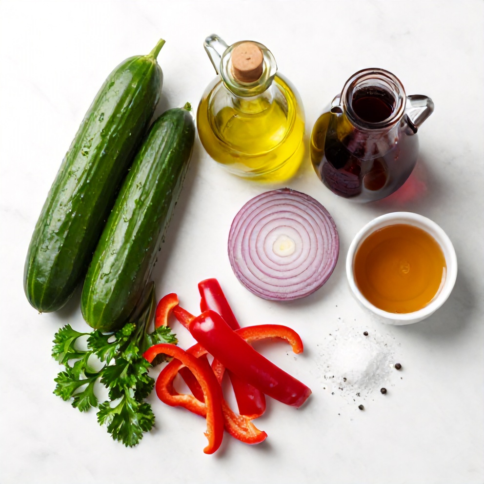 Raw ingredients for Cucumber Sweet Pepper Salad on marble surface