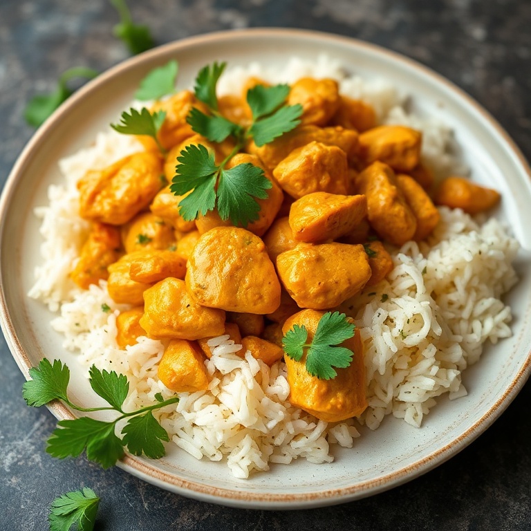 Perfect plated curry chicken salad with fresh cilantro. Close crop. Warm side lighting. Photorealistic food photography. No text. No watermark.