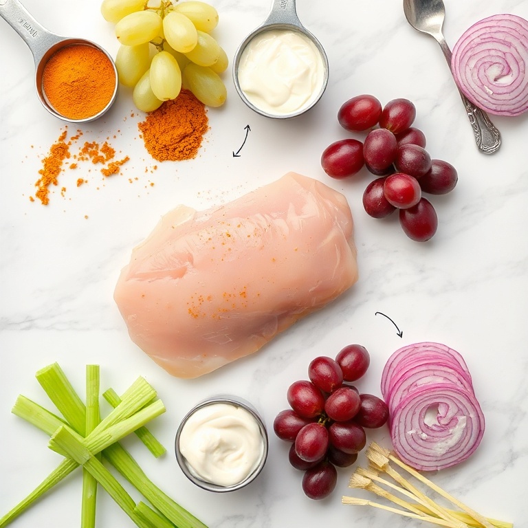 Overhead flat lay of chicken breast, curry powder, mayonnaise, grapes, celery, and red onion. Measuring cups and spoons visible. White marble surface. Bright even light. Photorealistic food photography. No text. No watermark.