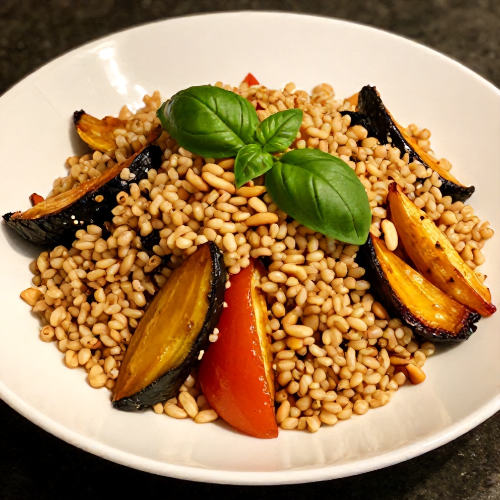 Plated Easy Farro Salad with Roasted Vegetables