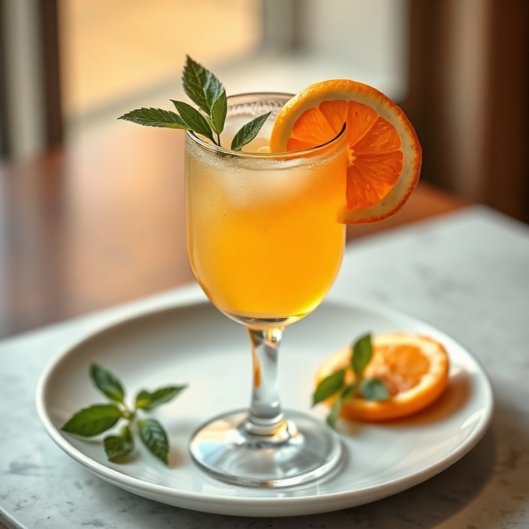 Perfect plated serving of faux mimosa in a glass. Fresh orange slice garnish. Clear glass with warm side lighting. Photorealistic food photography.