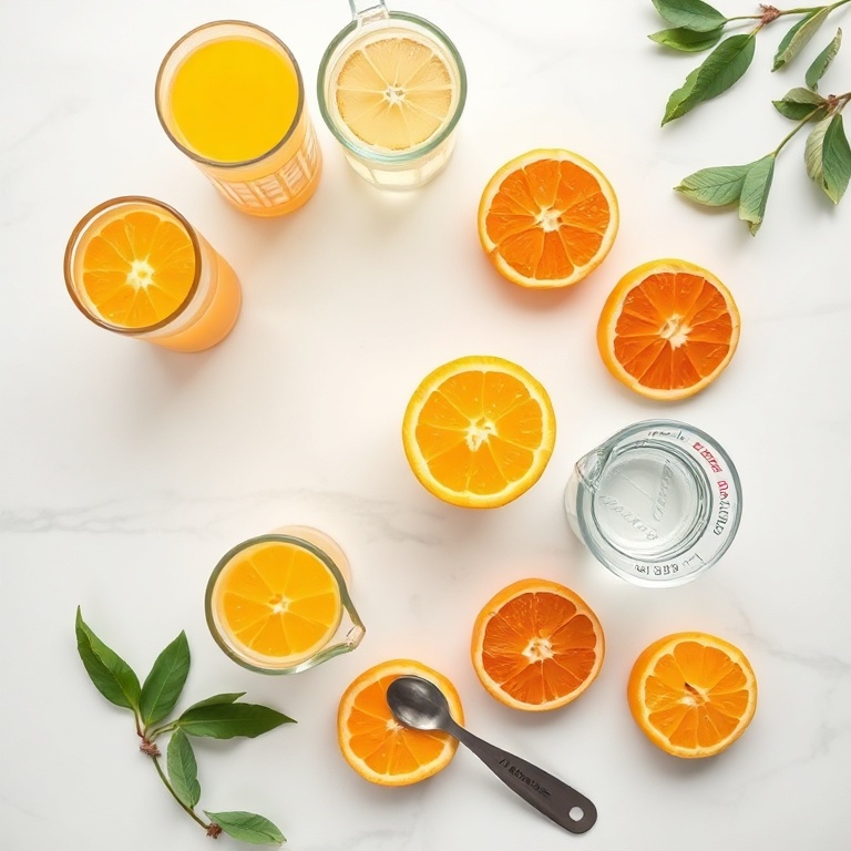 Overhead flat lay of orange juice, sparkling cider, glassware, and citrus. White marble surface. Bright even light. Measuring cups and spoons visible.