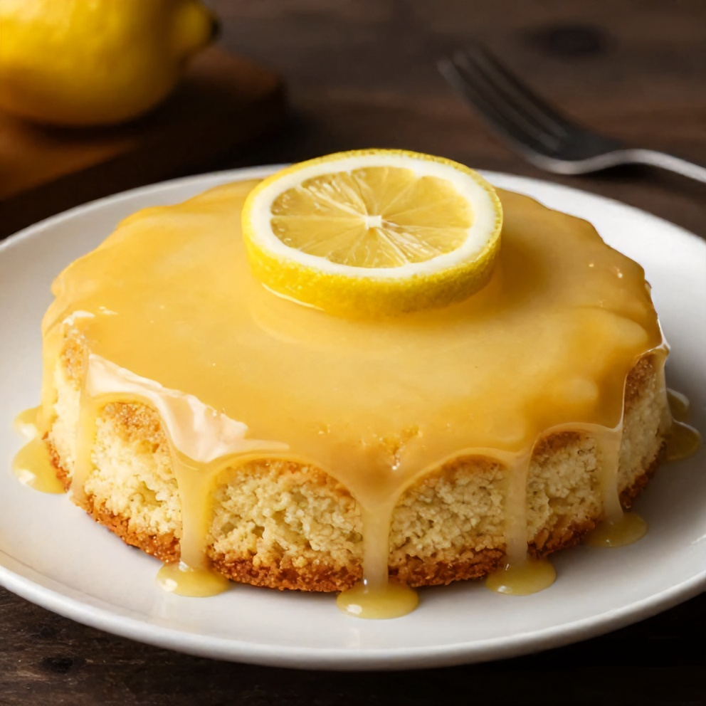 Perfectly plated lemon cake with a lemon glaze and a slice of fresh lemon on top. White porcelain plate. Warm side lighting highlighting the glaze. Photorealistic food photography.