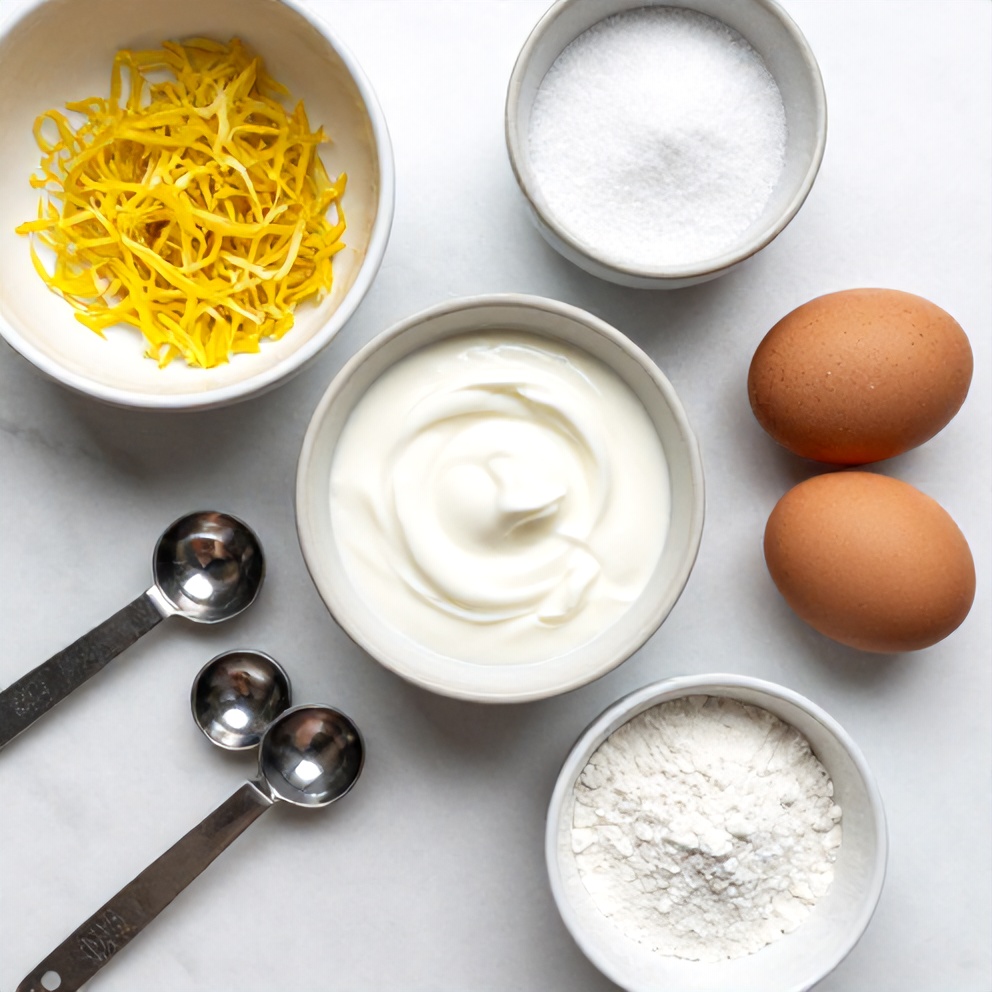 Overhead flat lay of lemon zest, Greek yogurt, eggs, sugar, and baking powder. Measuring spoons and cups visible. White marble surface. Bright even light. Photorealistic food photography.