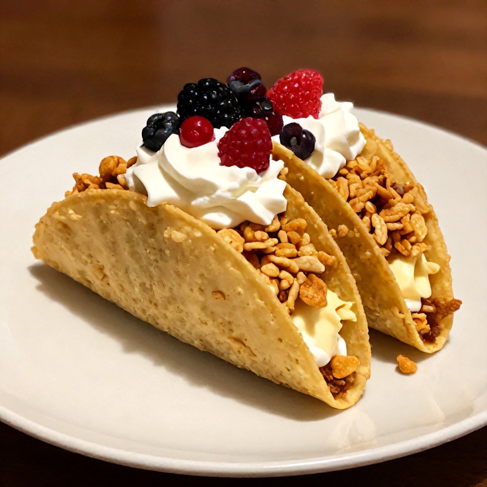 Plated serving of Fruity Pebbles Cheesecake Tacos with whipped cream