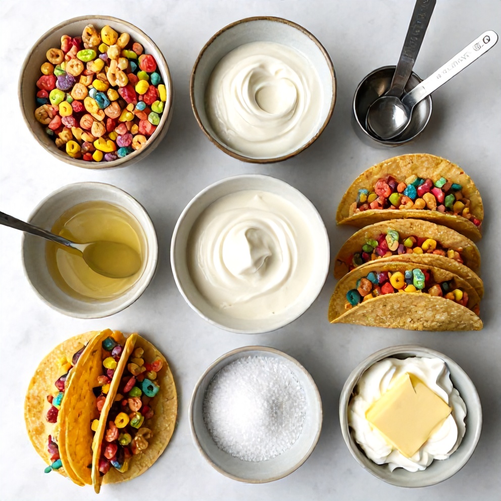 Raw ingredients for Fruity Pebbles Cheesecake Tacos on a marble surface