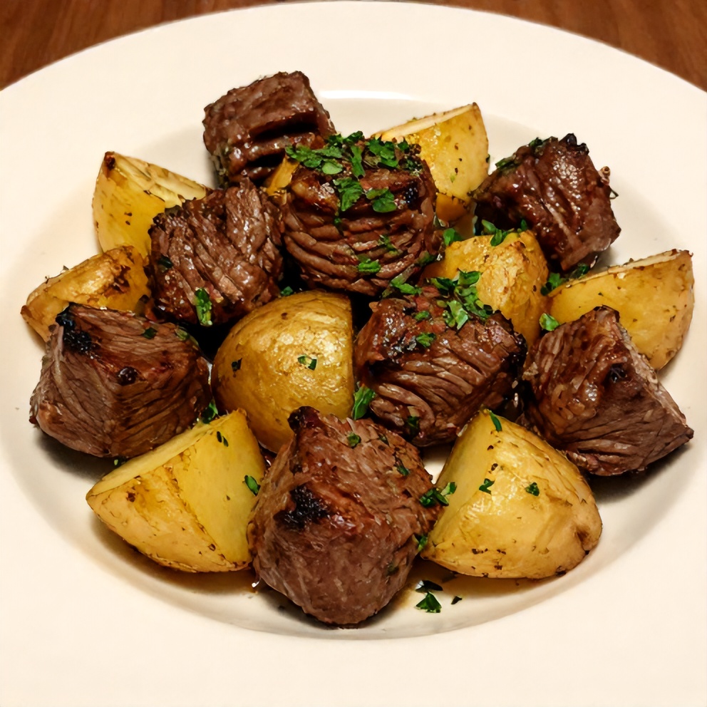 Plated garlic butter steak bites with potatoes