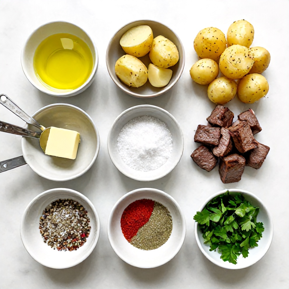 Ingredients for garlic butter steak bites with potatoes