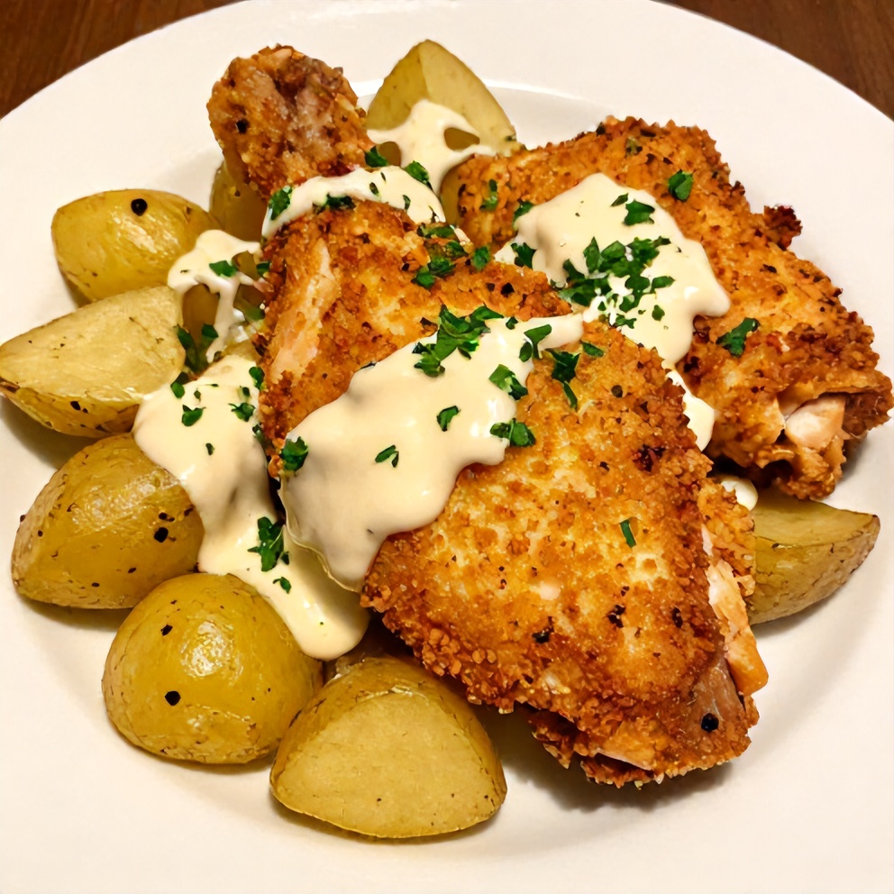 Plated Garlic Parmesan Chicken and Potatoes