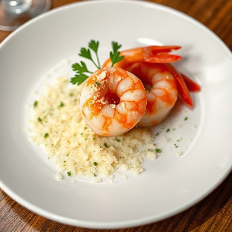Perfectly plated shrimp with a sprinkle of parmesan and fresh parsley on a white dinner plate