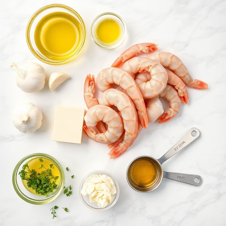 Raw shrimp, garlic, parmesan cheese, olive oil, and paprika arranged in a flat lay on white marble