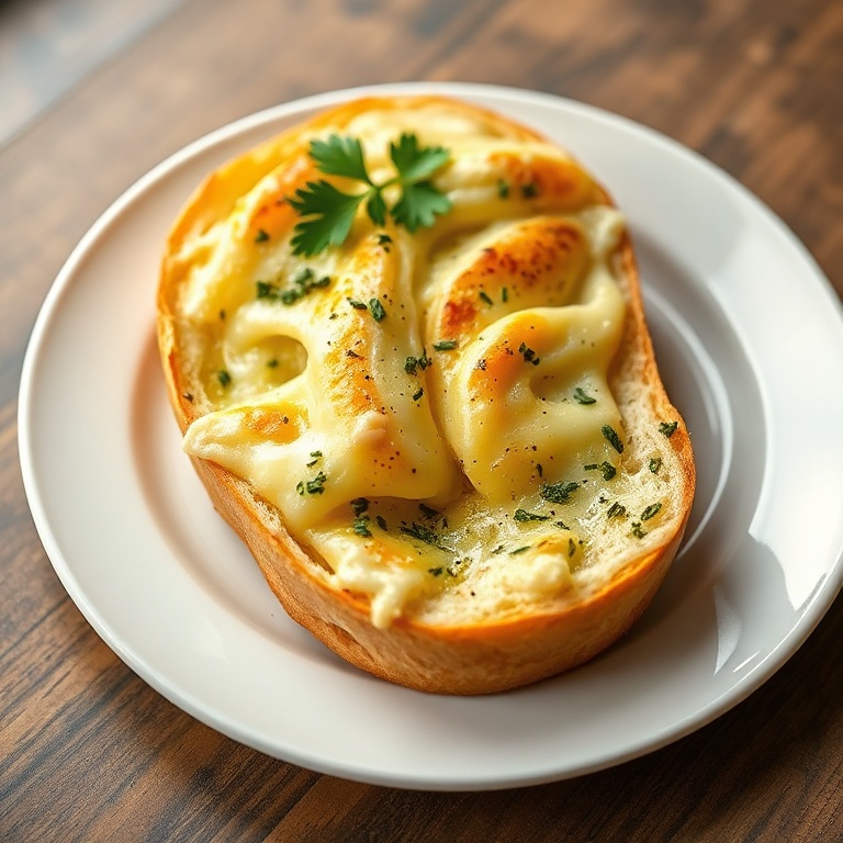 Golden garlic pull-apart bread with melted cheese and garlic on a wooden board